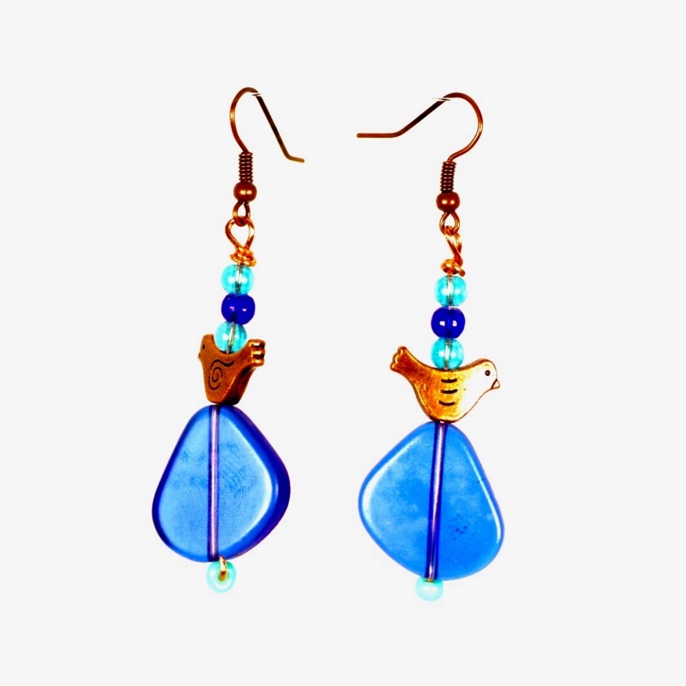 Copper Doves on Navy Blue Sea Glass Earrings
